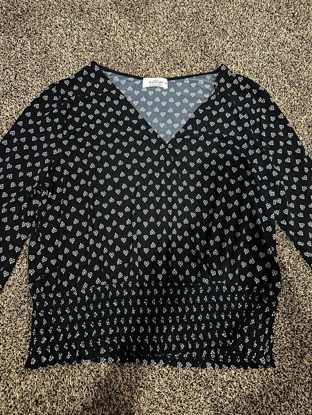 Kaileigh Black V-Neck Smocked-Hem Floral Blouse